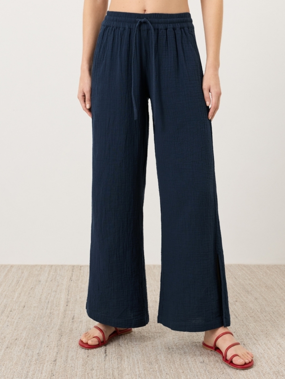 NEW Pact Organic Cotton Coastal Double Gauze Split Hem Pants - Navy Blue MEDIUM